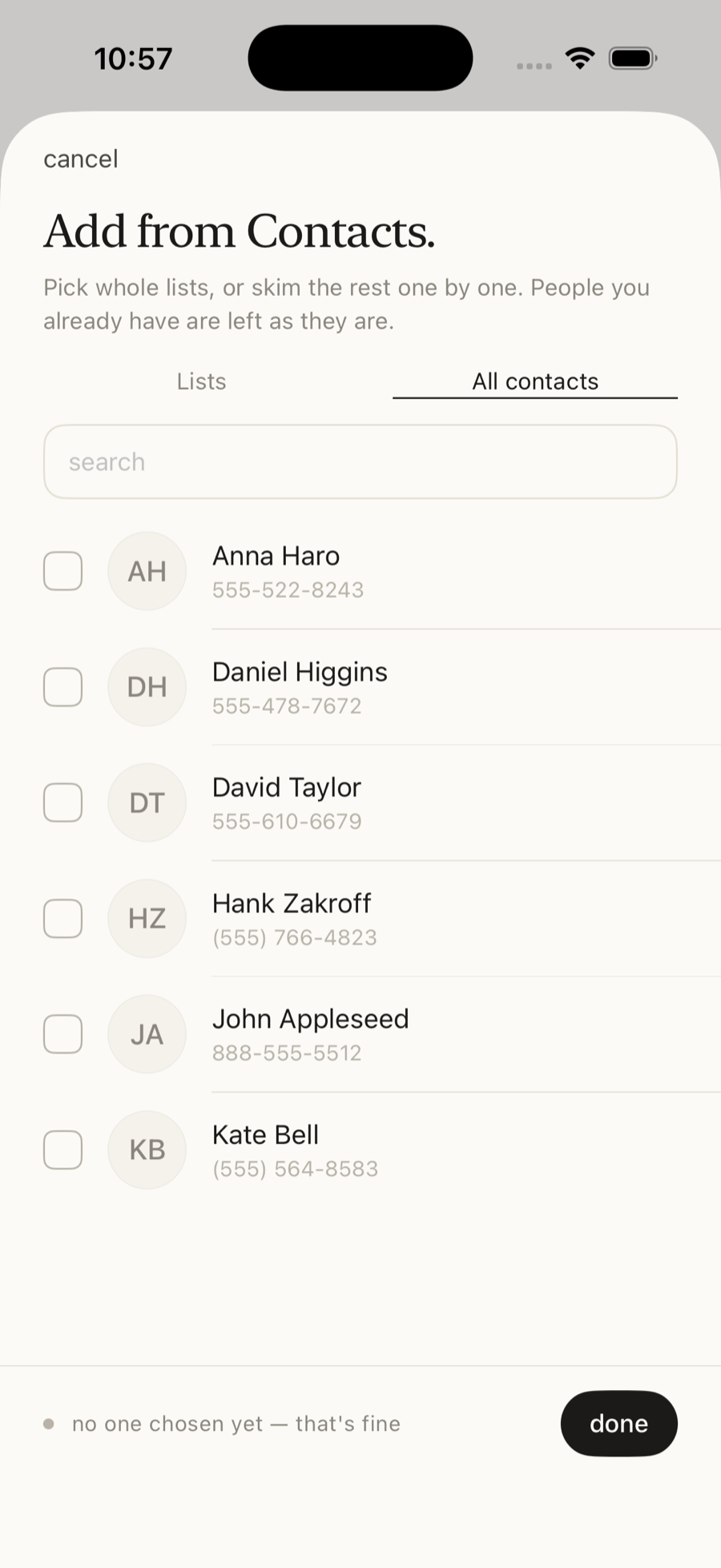 Picking individual contacts